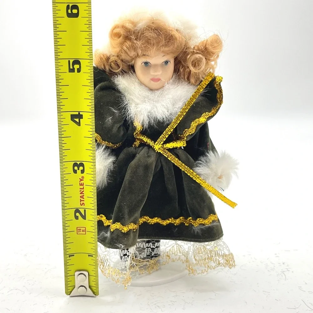 Vintage Porcelain Doll 6 Inch Green Velvet Gold Trim Faux‎ Fur Winter Outfit